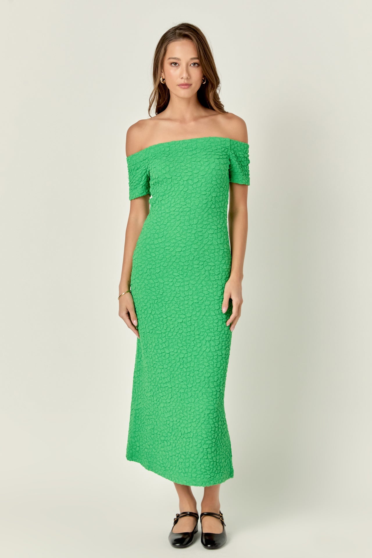 ENGLISH FACTORY - Off-Shoulder Bouclé Knit Midi Dress - DRESSES available at Objectrare