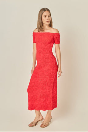 ENGLISH FACTORY - Off-Shoulder Bouclé Knit Midi Dress - DRESSES available at Objectrare