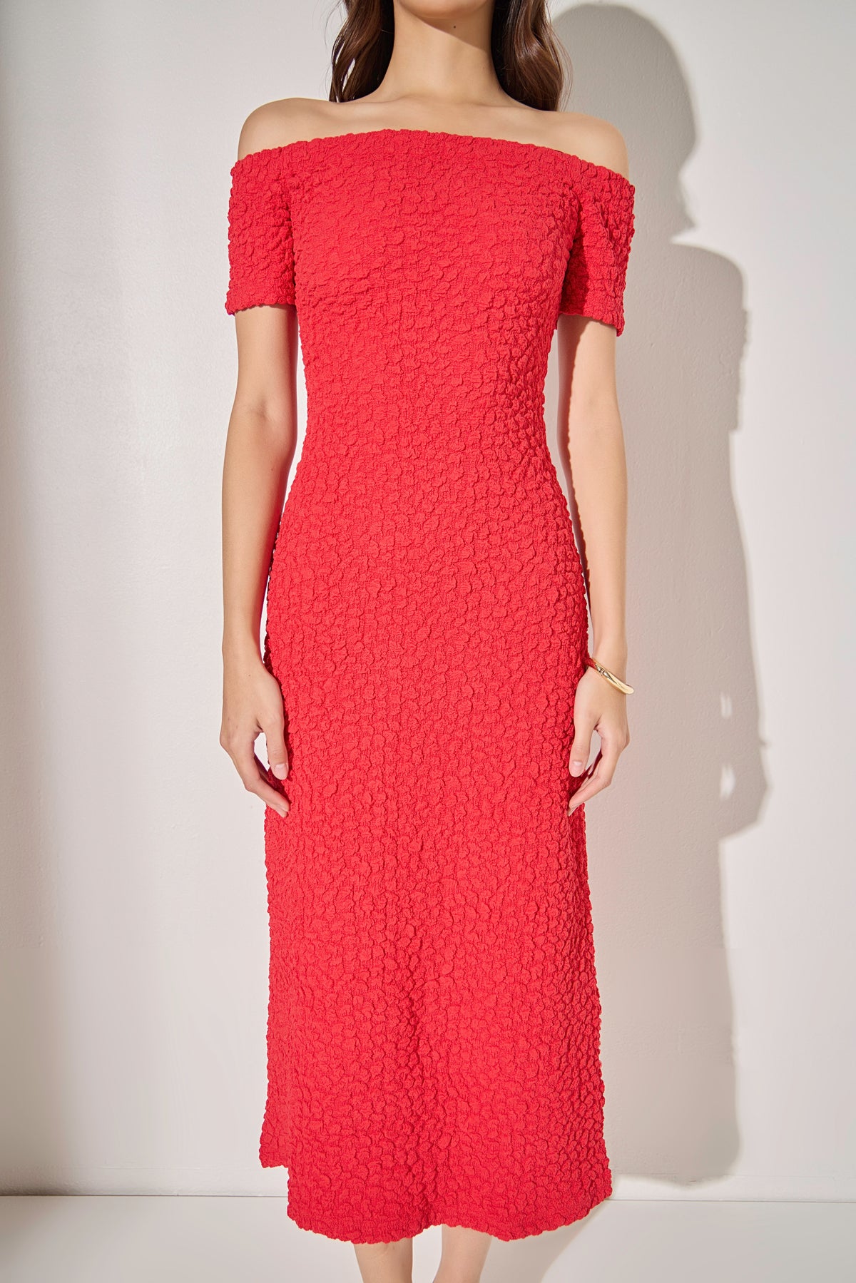 Off-Shoulder Bouclé Knit Midi Dress