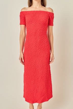 ENGLISH FACTORY - Off-Shoulder Bouclé Knit Midi Dress - DRESSES available at Objectrare