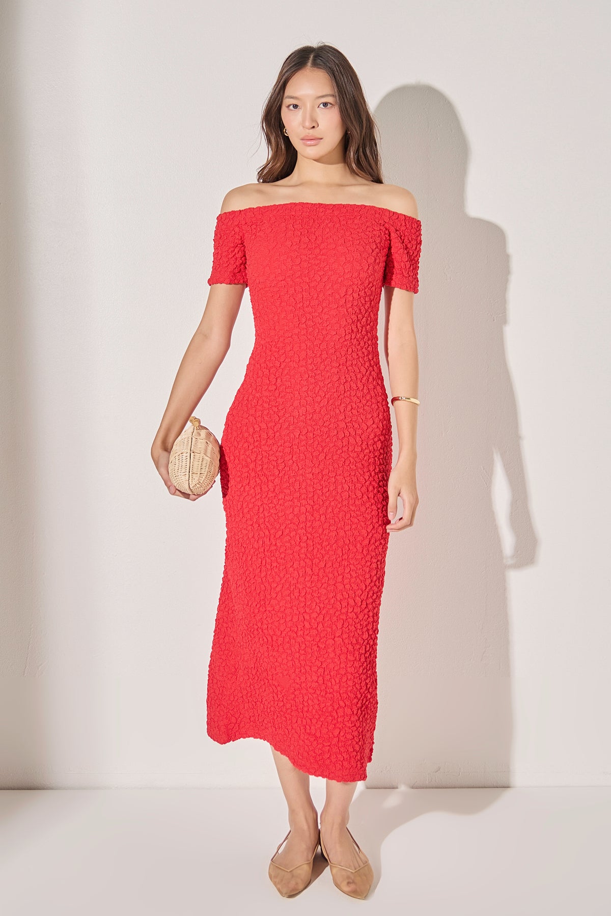 Off-Shoulder Bouclé Knit Midi Dress