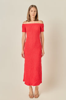 ENGLISH FACTORY - Off-Shoulder Bouclé Knit Midi Dress - DRESSES available at Objectrare