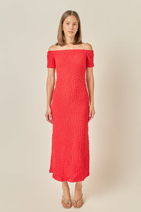 ENGLISH FACTORY - Off-Shoulder Bouclé Knit Midi Dress - DRESSES available at Objectrare
