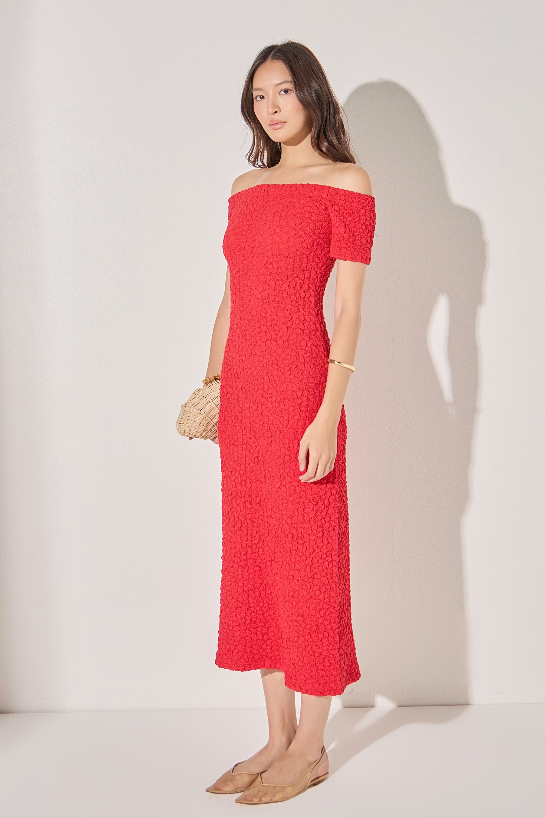ENGLISH FACTORY - Off-Shoulder Bouclé Knit Midi Dress - DRESSES available at Objectrare
