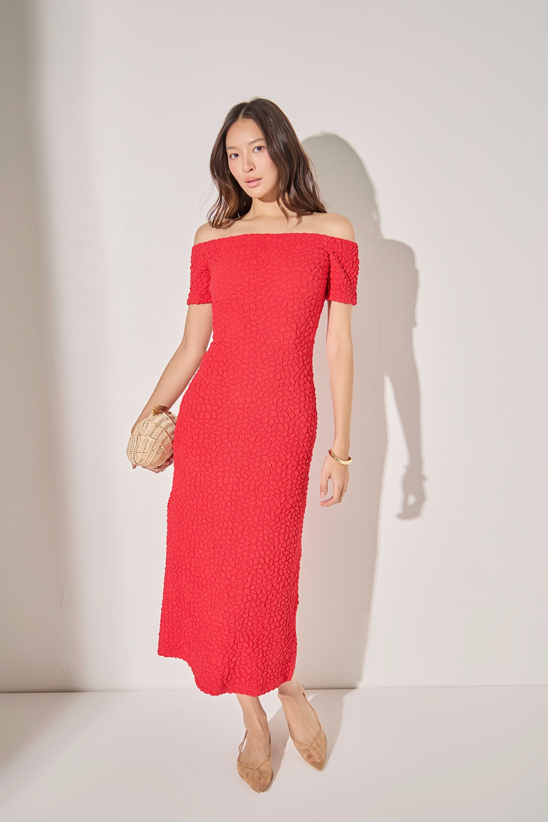 ENGLISH FACTORY - Off-Shoulder Bouclé Knit Midi Dress - DRESSES available at Objectrare