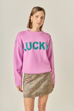 ENGLISH FACTORY - Lucky Glitter Lettering Sweater - SWEATERS & KNITS available at Objectrare
