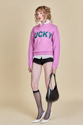 ENGLISH FACTORY - English Factory - Lucky Glitter Lettering Sweater - SWEATERS & KNITS available at Objectrare