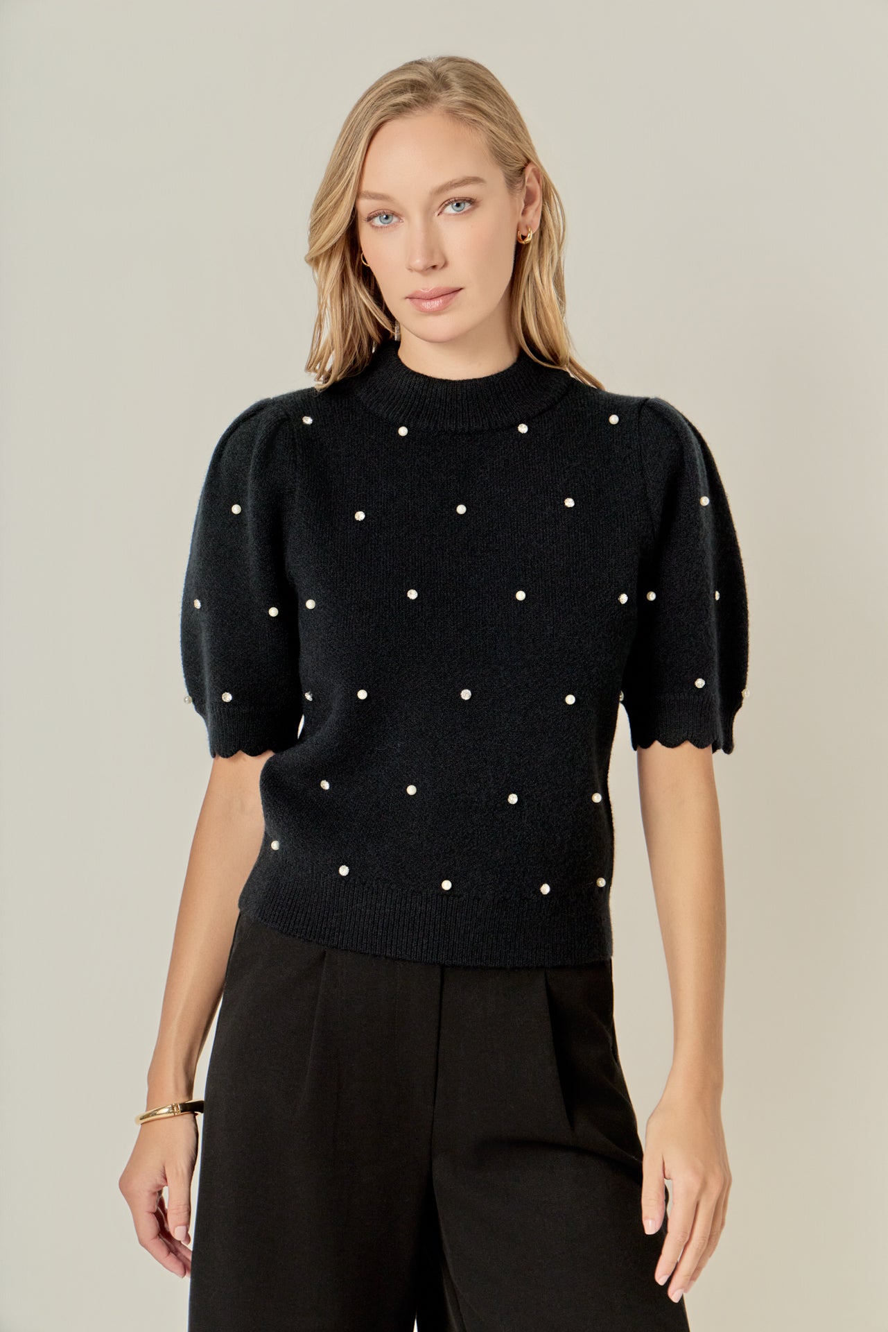 ENGLISH FACTORY - Scalloped Puff Sleeve Embellishment Knit - SWEATERS & KNITS available at Objectrare