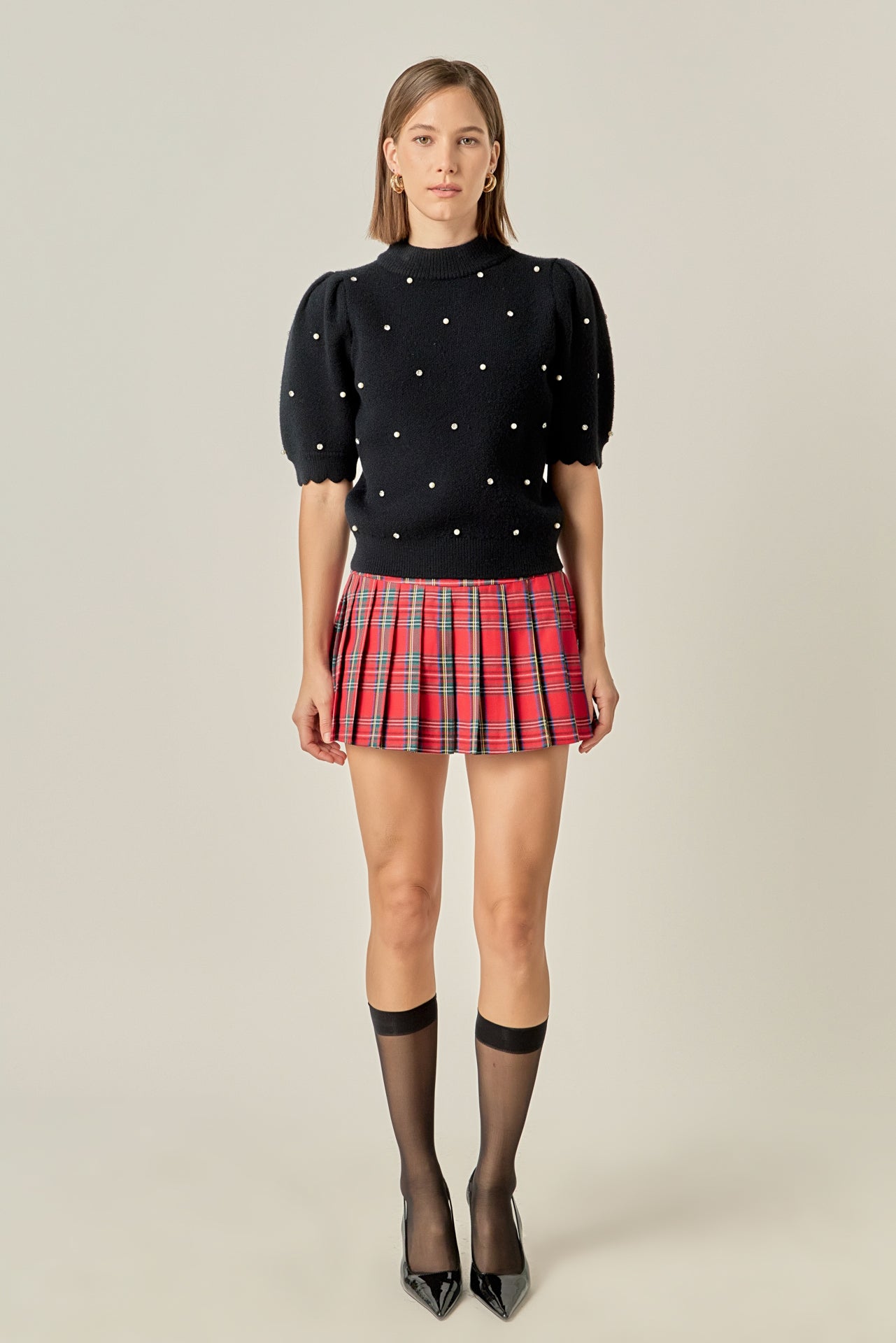 ENGLISH FACTORY - Scalloped Puff Sleeve Embellishment Knit - TOPS available at Objectrare