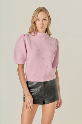 ENGLISH FACTORY - Scalloped Puff Sleeve Embellishment Knit - SWEATERS & KNITS available at Objectrare