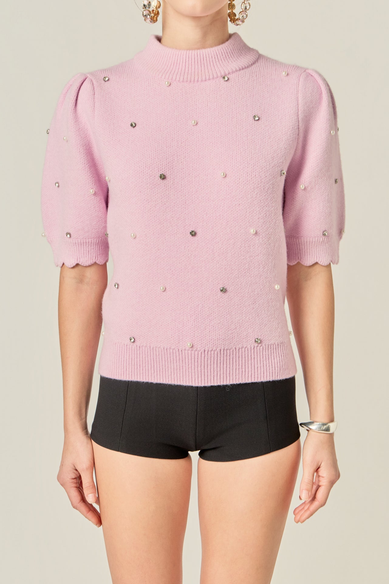 ENGLISH FACTORY - Scalloped Puff Sleeve Embellishment Knit - TOPS available at Objectrare