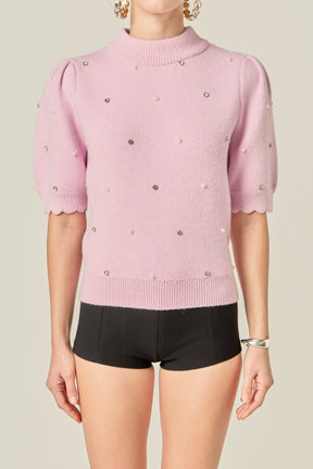 ENGLISH FACTORY - Scalloped Puff Sleeve Embellishment Knit - TOPS available at Objectrare