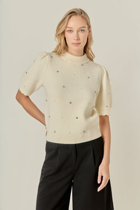 Scalloped Puff Sleeve Embellishment Knit