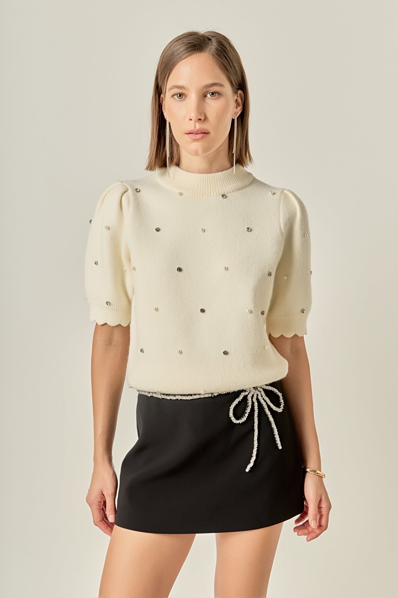 ENGLISH FACTORY - Scalloped Puff Sleeve Embellishment Knit - TOPS available at Objectrare