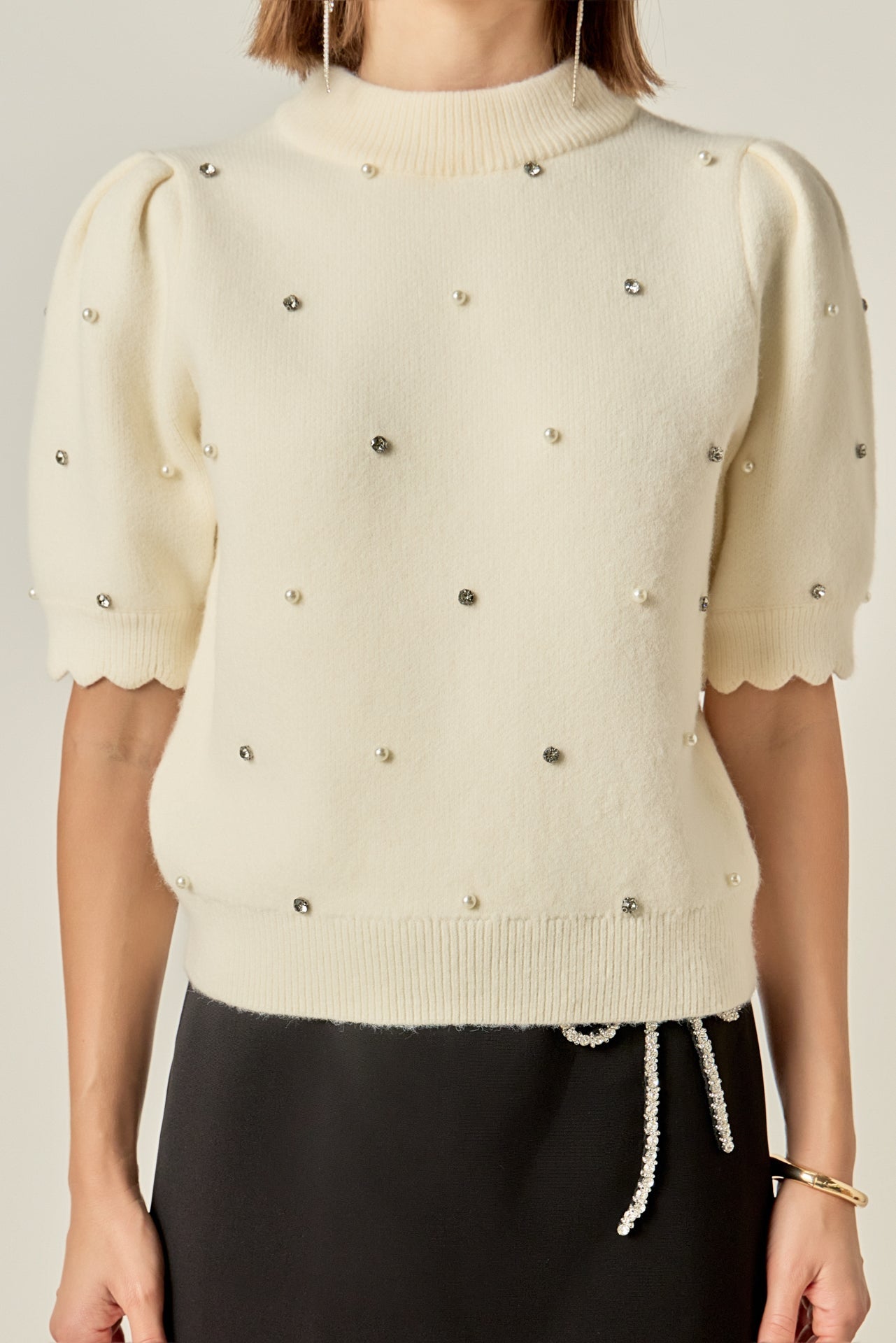 ENGLISH FACTORY - Scalloped Puff Sleeve Embellishment Knit - TOPS available at Objectrare