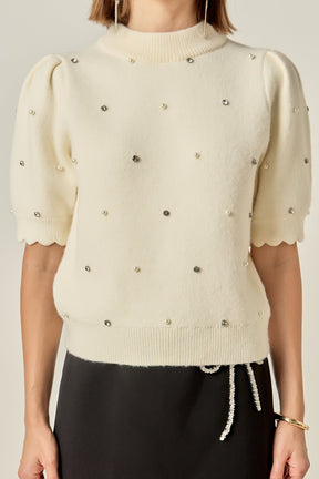 ENGLISH FACTORY - Scalloped Puff Sleeve Embellishment Knit - TOPS available at Objectrare