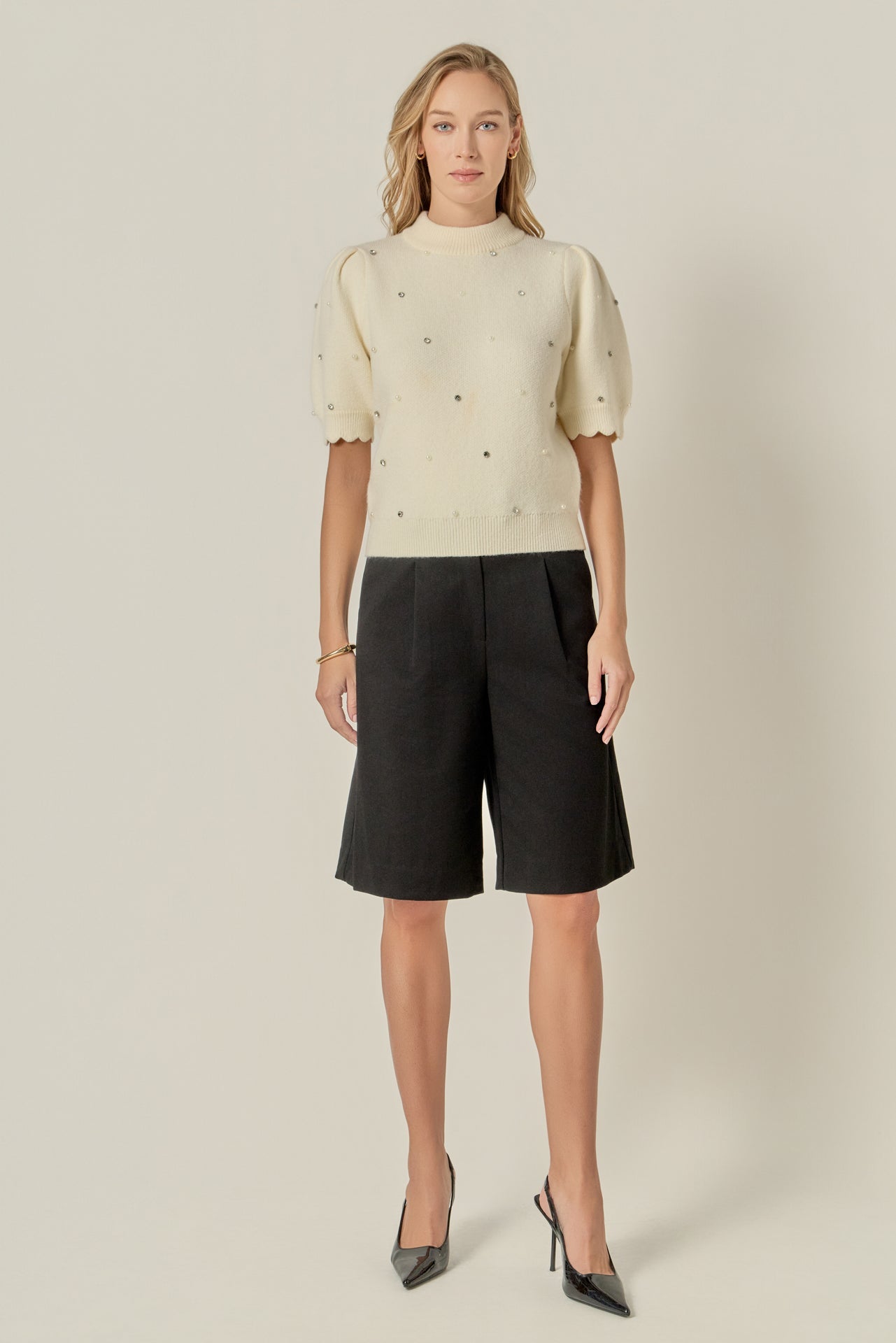 ENGLISH FACTORY - Scalloped Puff Sleeve Embellishment Knit - SWEATERS & KNITS available at Objectrare