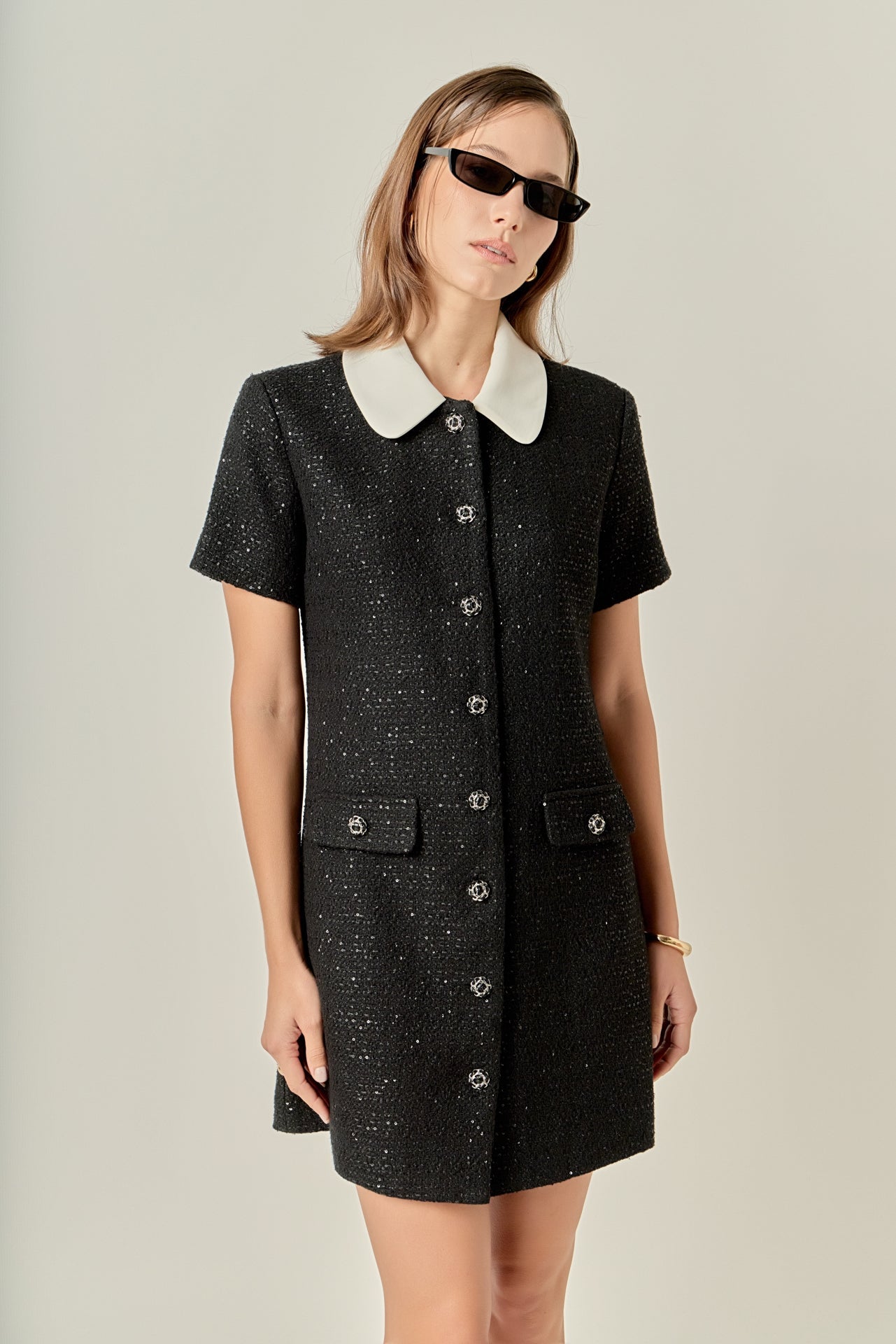 ENGLISH FACTORY - Collar Pointed Tweed Mini Dress - DRESSES available at Objectrare