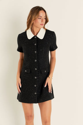 ENGLISH FACTORY - Collar Pointed Tweed Mini Dress - DRESSES available at Objectrare