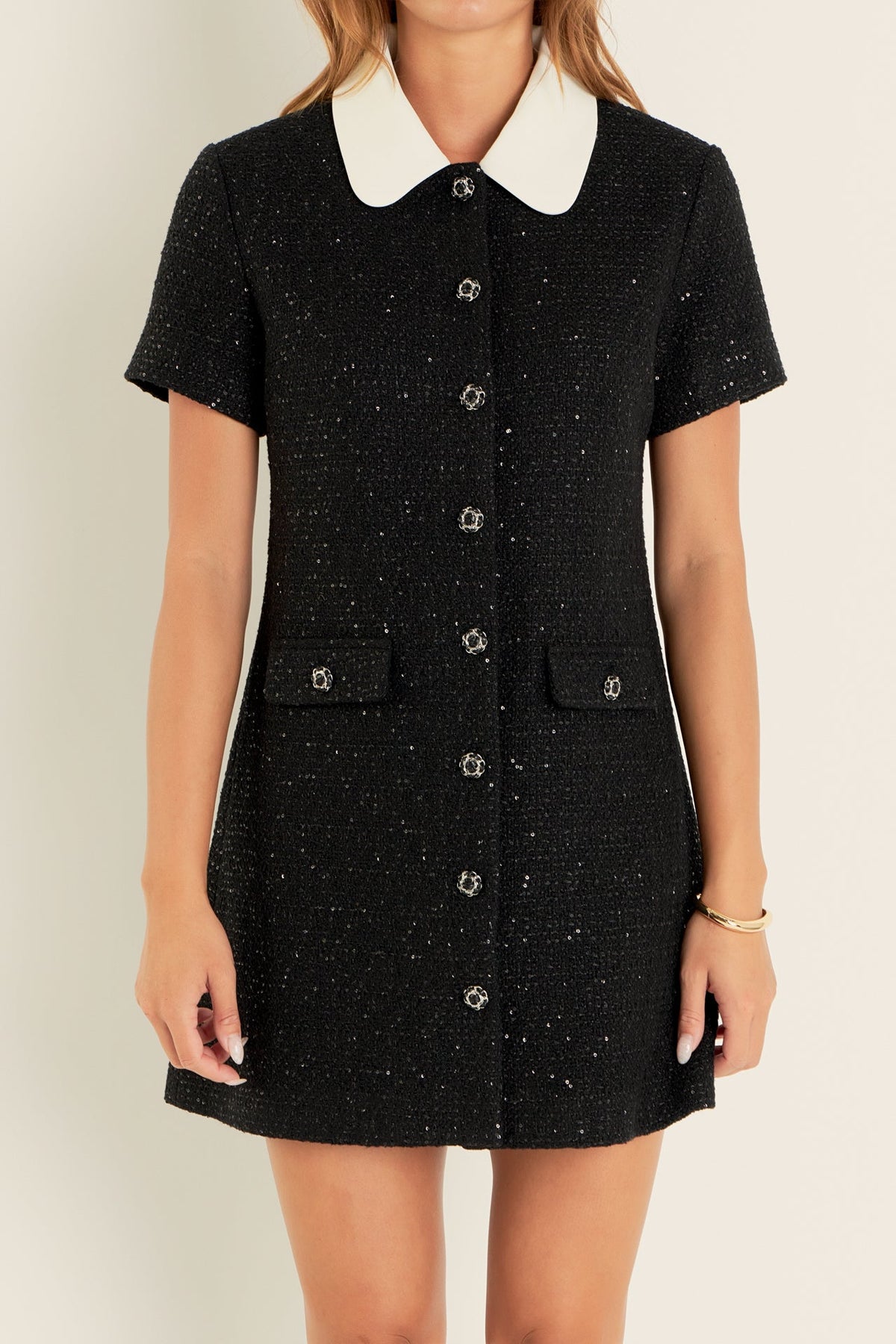 Collar Pointed Tweed Mini Dress