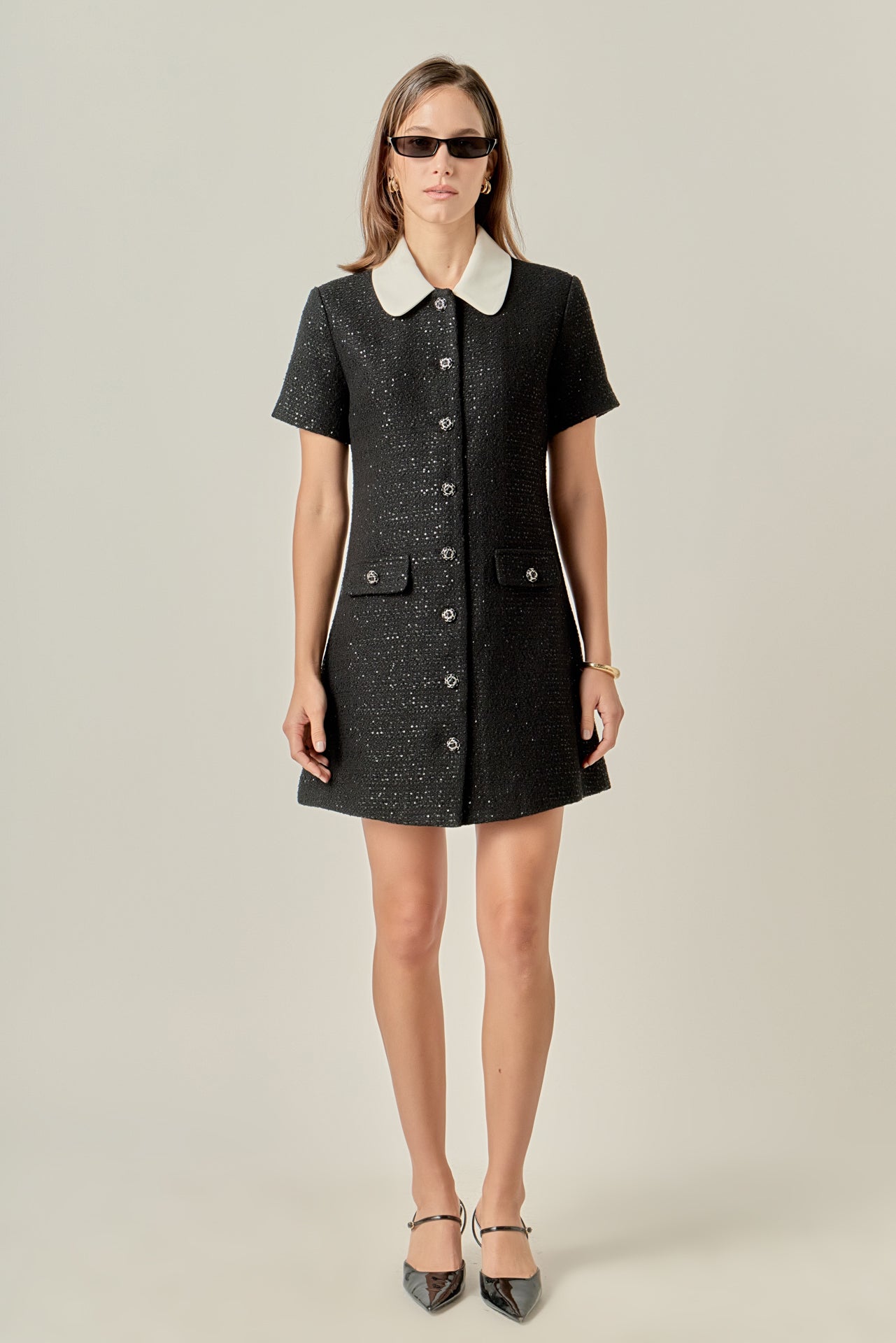 ENGLISH FACTORY - Collar Pointed Tweed Mini Dress - DRESSES available at Objectrare