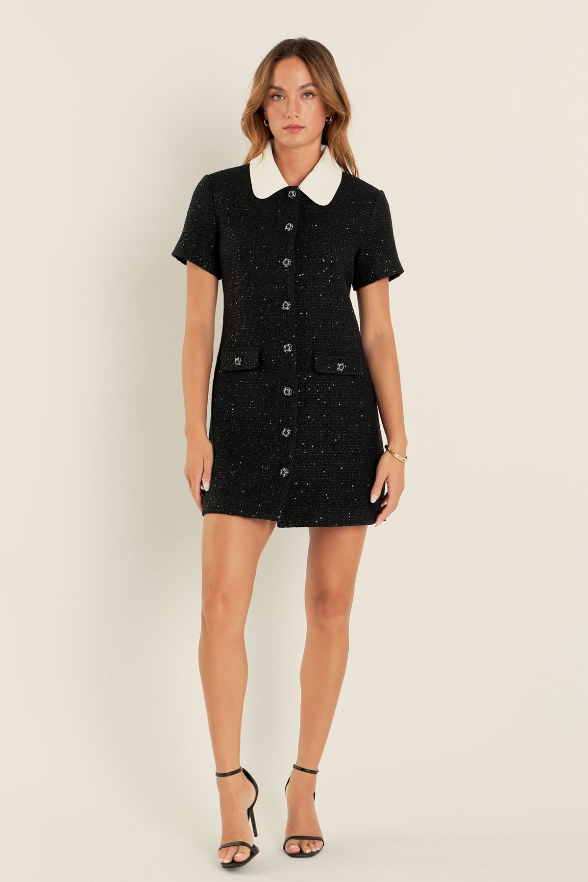 Collar Pointed Tweed Mini Dress