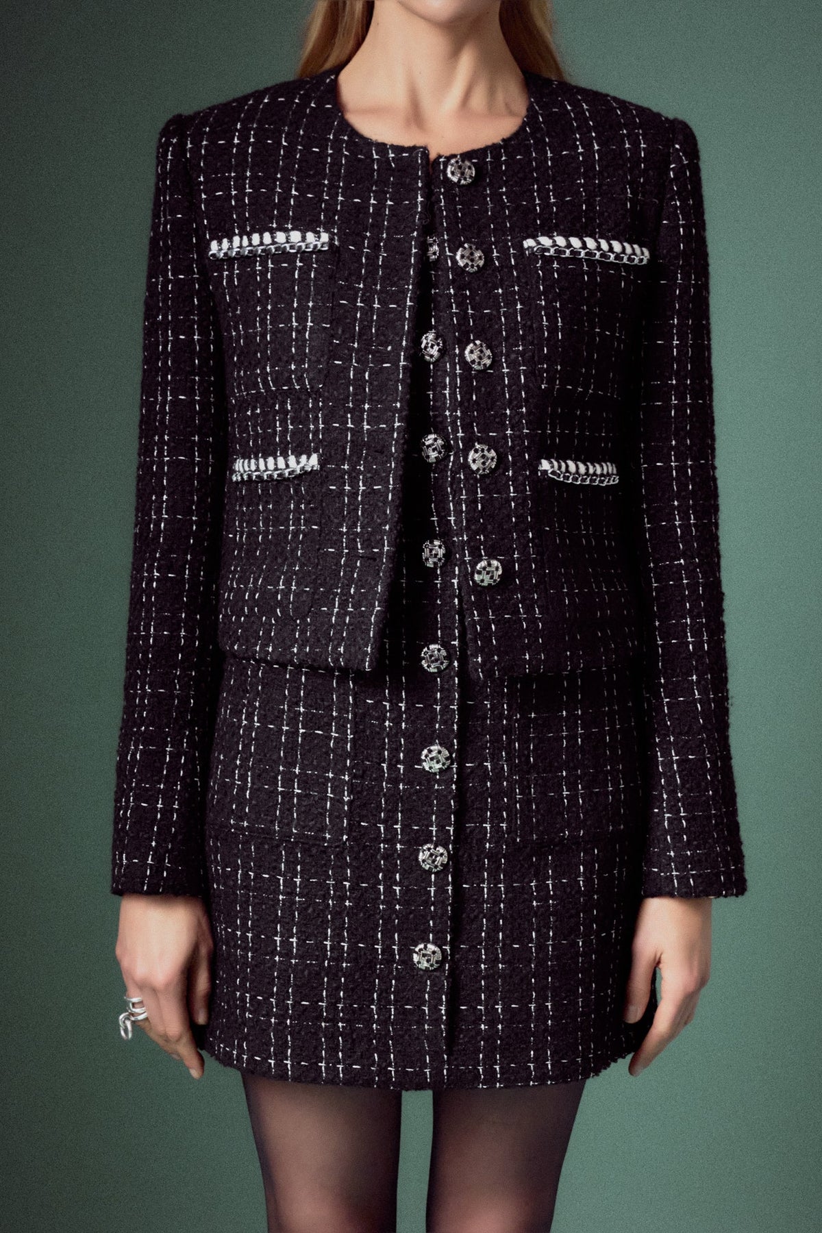 ENGLISH FACTORY - Black and White Tweed Jacket - JACKETS available at Objectrare