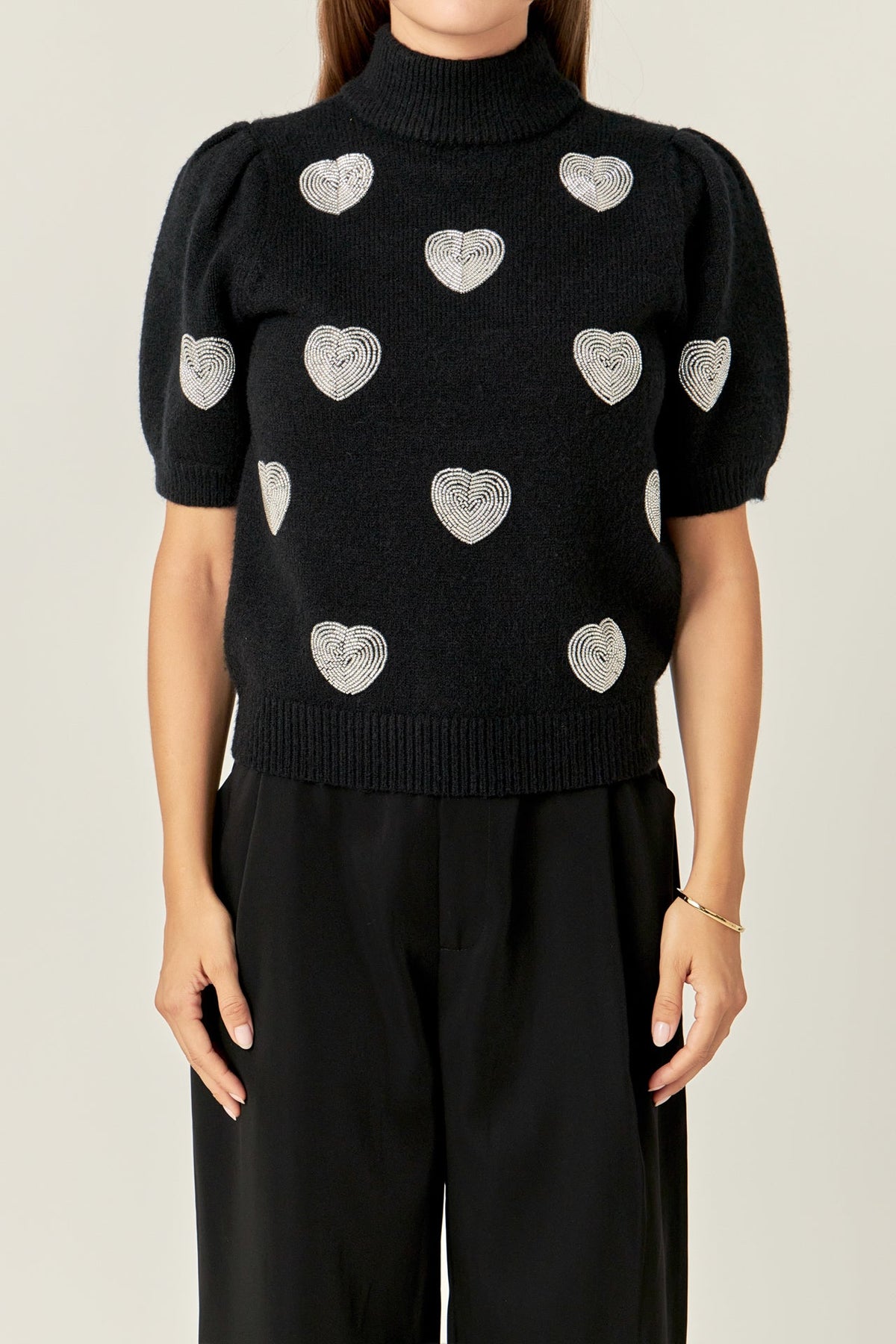 ENGLISH FACTORY - Beaded Heart Puff Sleeve Knit - TOPS available at Objectrare