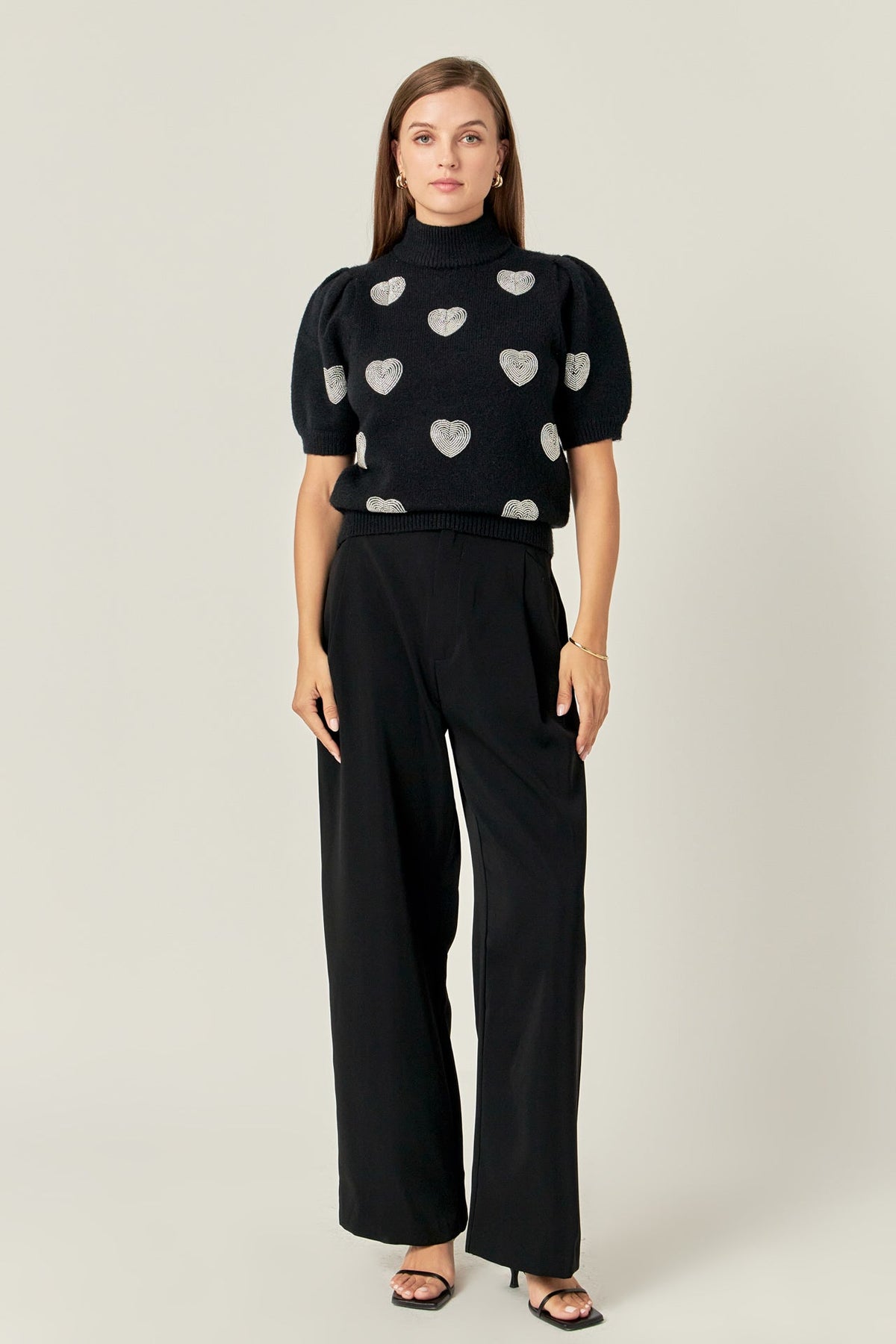 ENGLISH FACTORY - Beaded Heart Puff Sleeve Knit - TOPS available at Objectrare