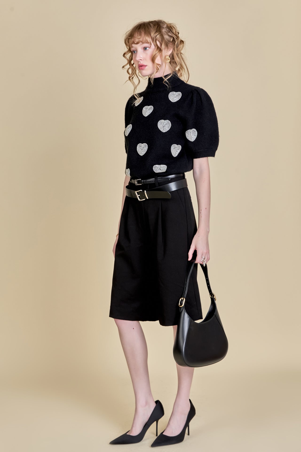 ENGLISH FACTORY - Beaded Heart Puff Sleeve Knit - TOPS available at Objectrare