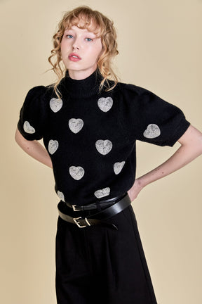 ENGLISH FACTORY - Beaded Heart Puff Sleeve Knit - TOPS available at Objectrare