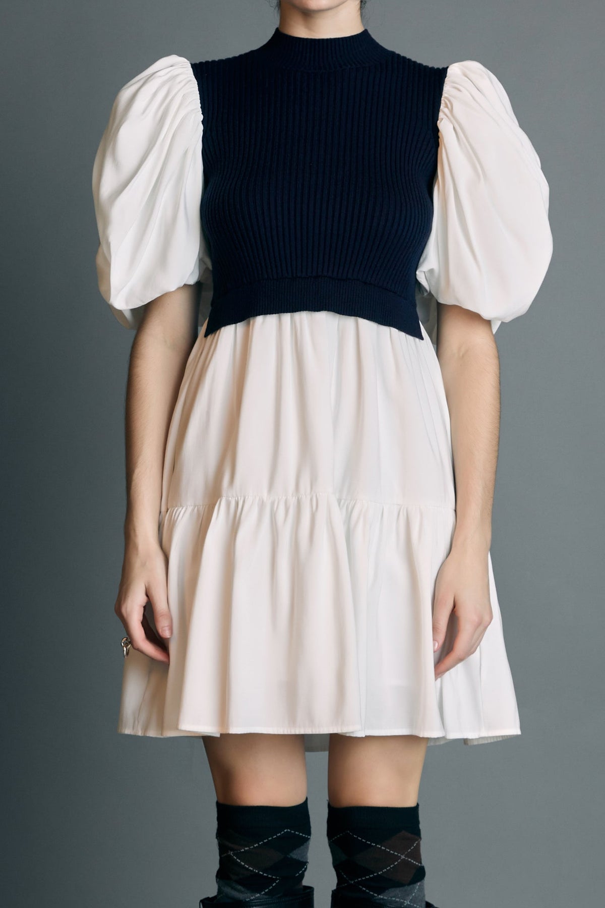 Mixed Media Puff Short Sleeve Mini Dress