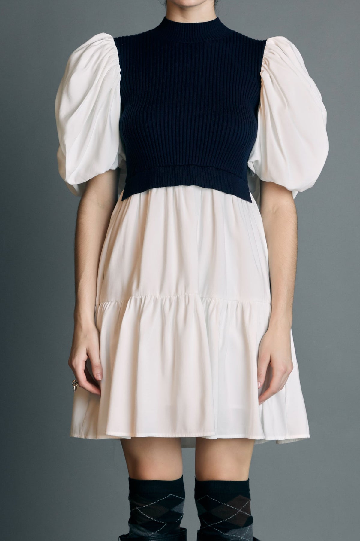 ENGLISH FACTORY - Mixed Media Puff Short Sleeve Mini Dress - DRESSES available at Objectrare