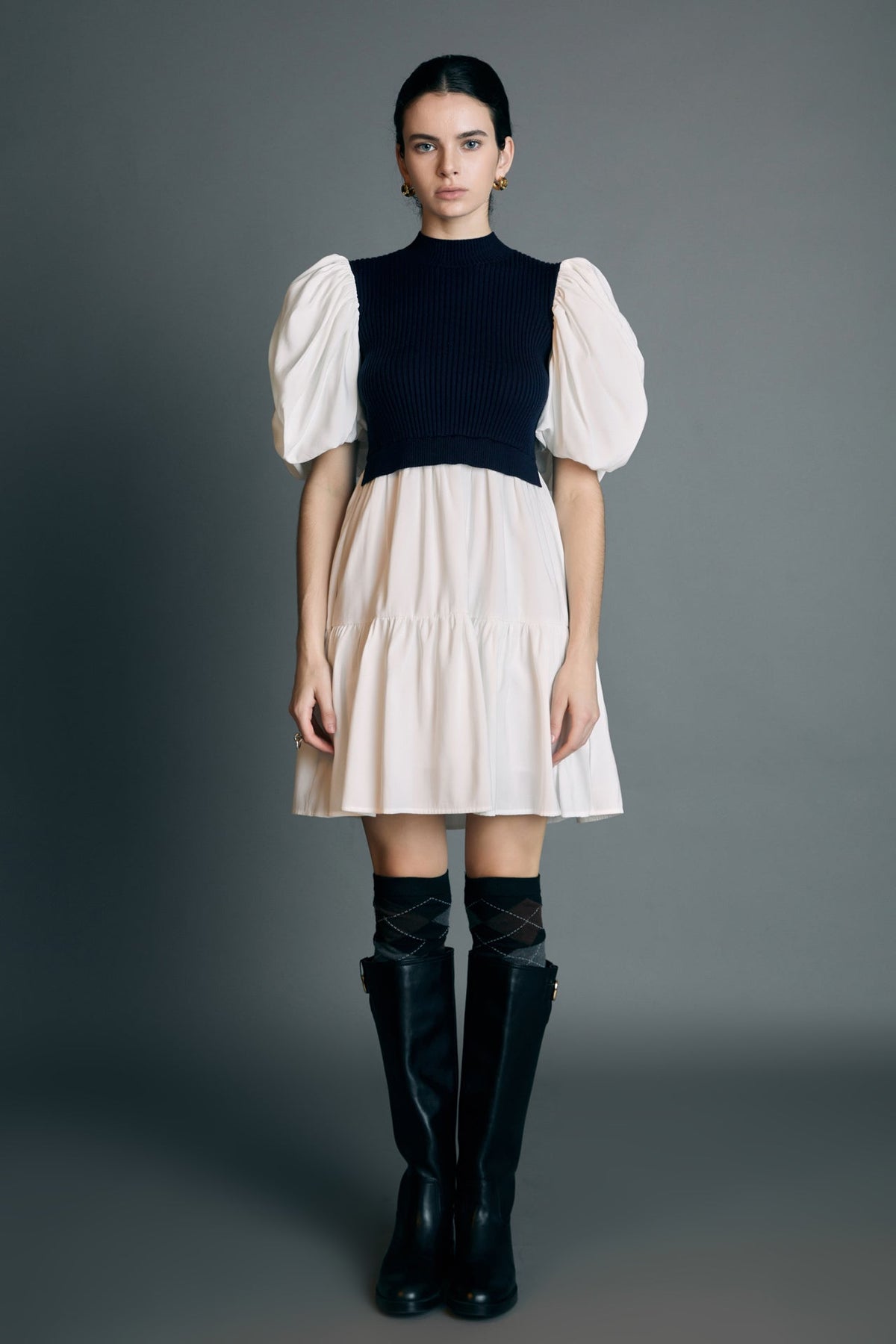 Mixed Media Puff Short Sleeve Mini Dress