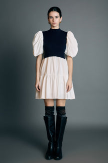 Mixed Media Puff Short Sleeve Mini Dress