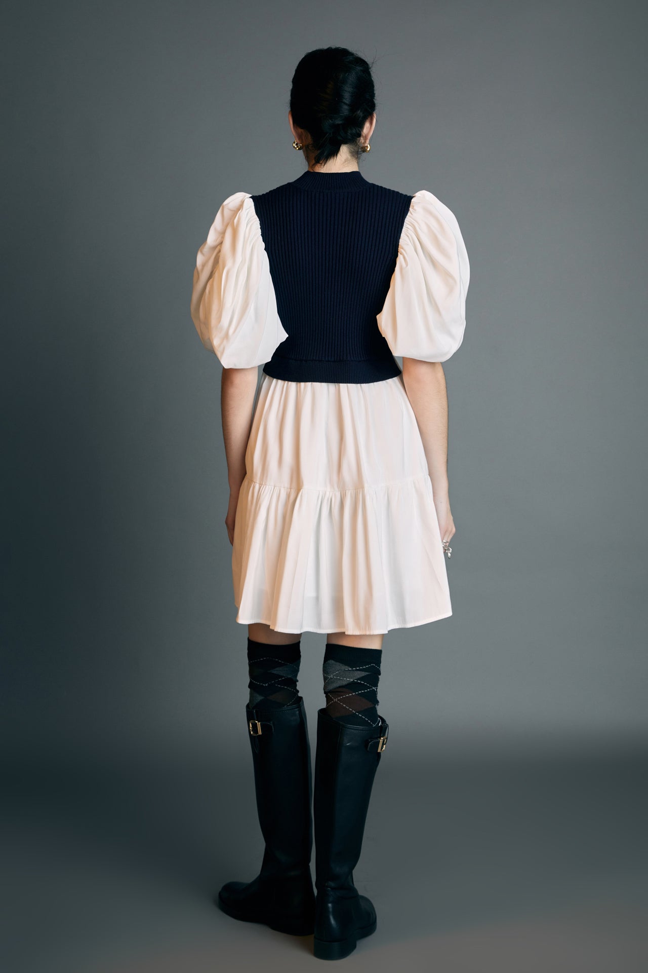 Mixed Media Puff Short Sleeve Mini Dress