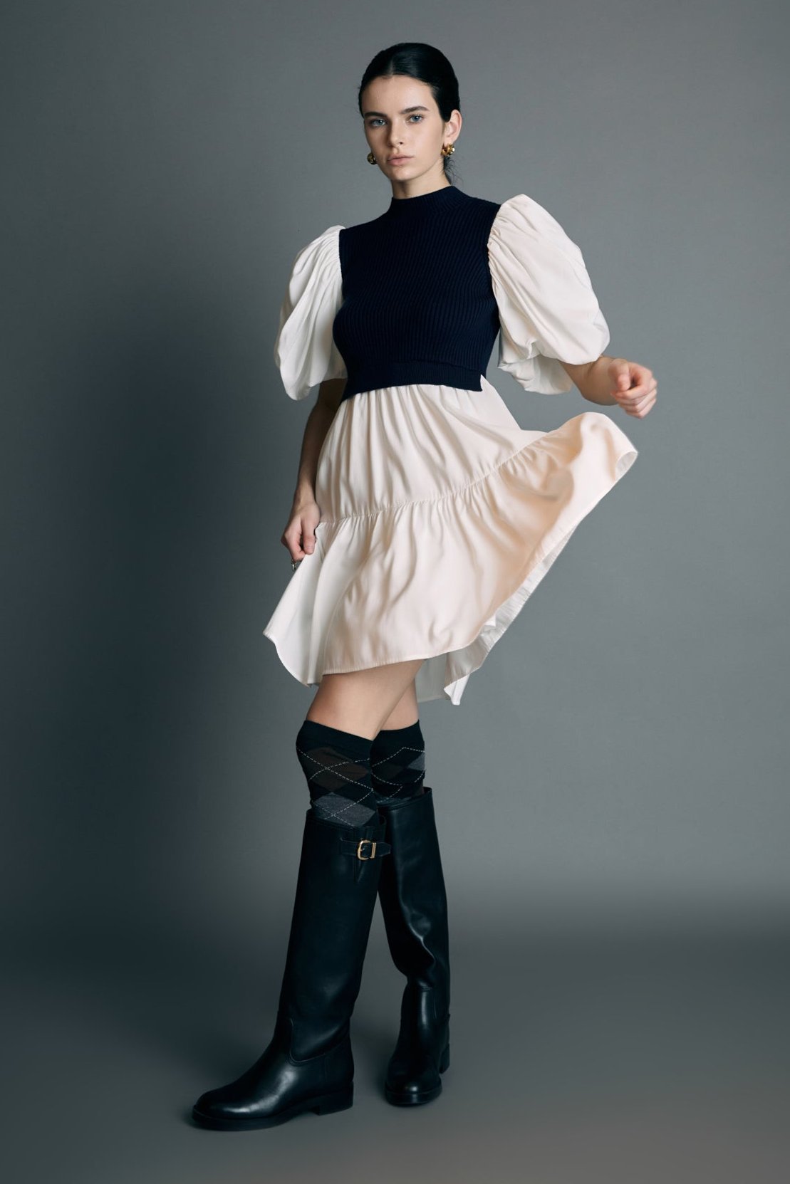 ENGLISH FACTORY - Mixed Media Puff Short Sleeve Mini Dress - DRESSES available at Objectrare