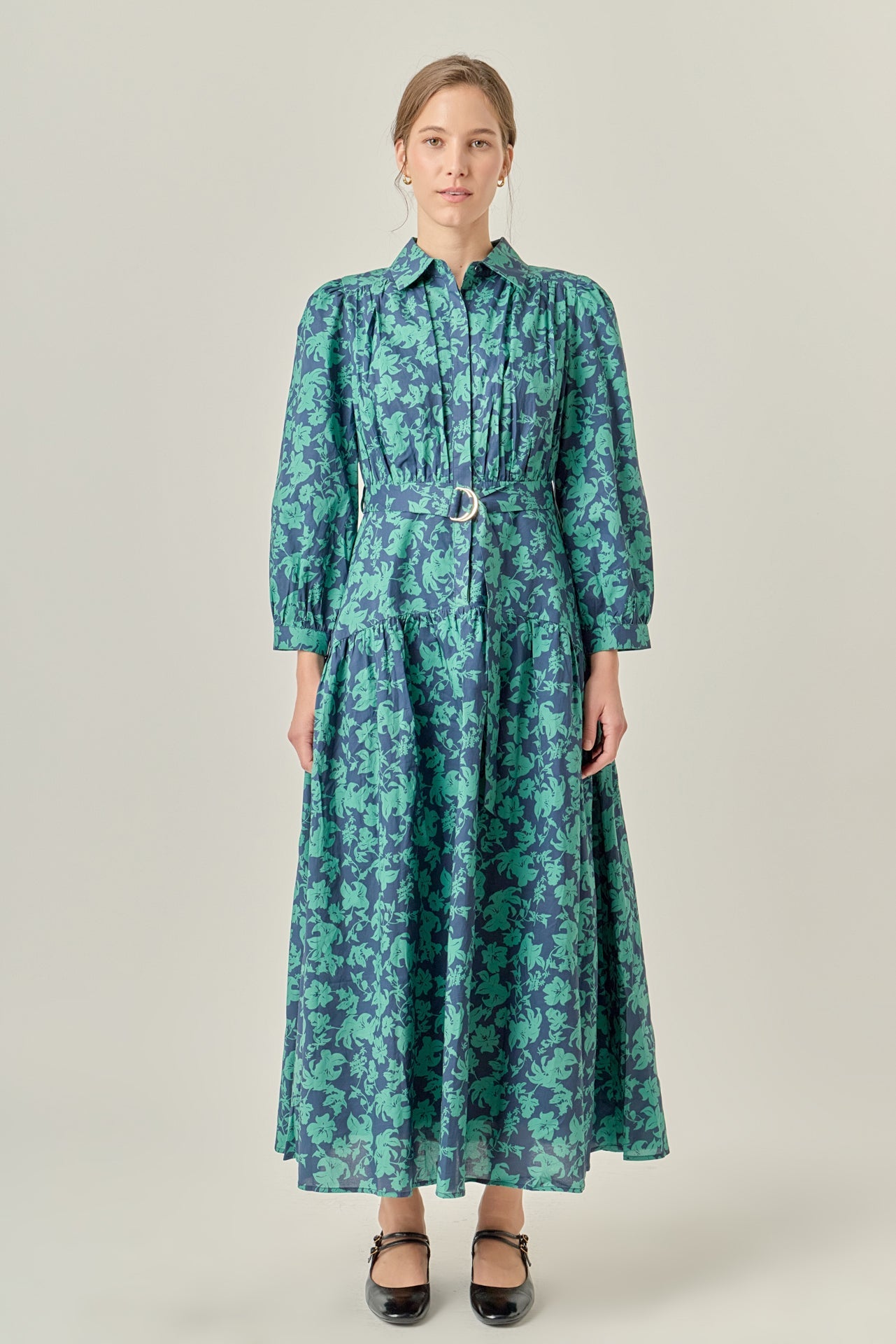 printed fall dresses Women's Hunter Green And Rust Floral Print Ruffle Midi Dress Large