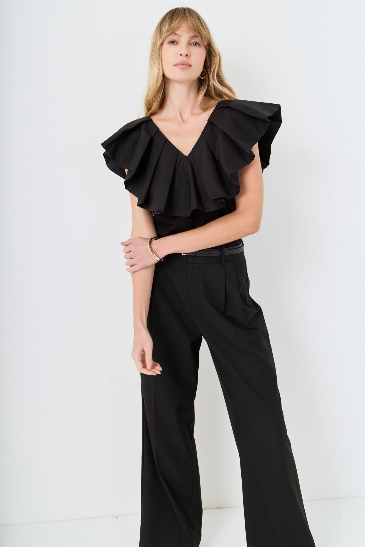 Mix Media Ruffled Sleeveless Top