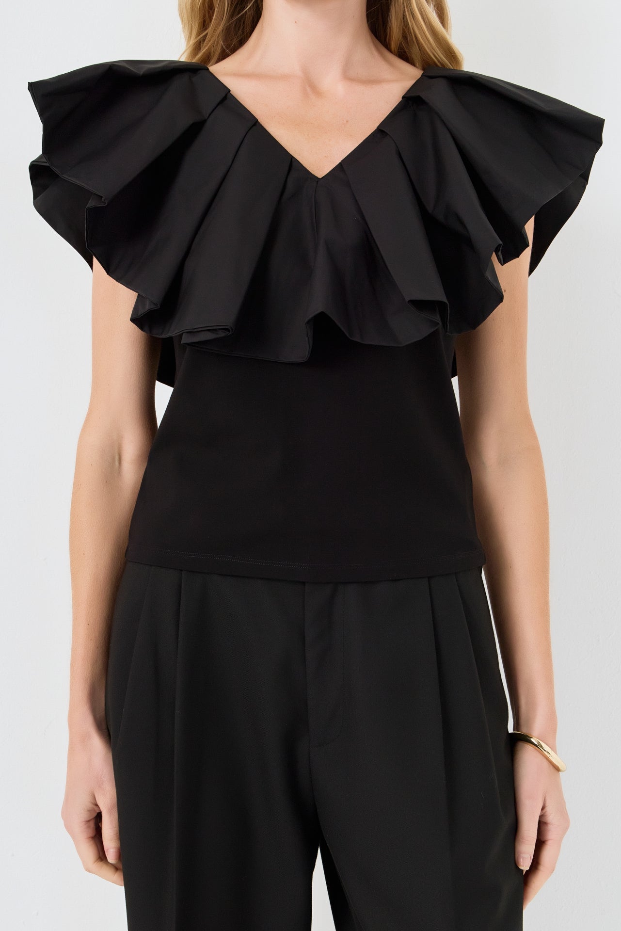 Mix Media Ruffled Sleeveless Top