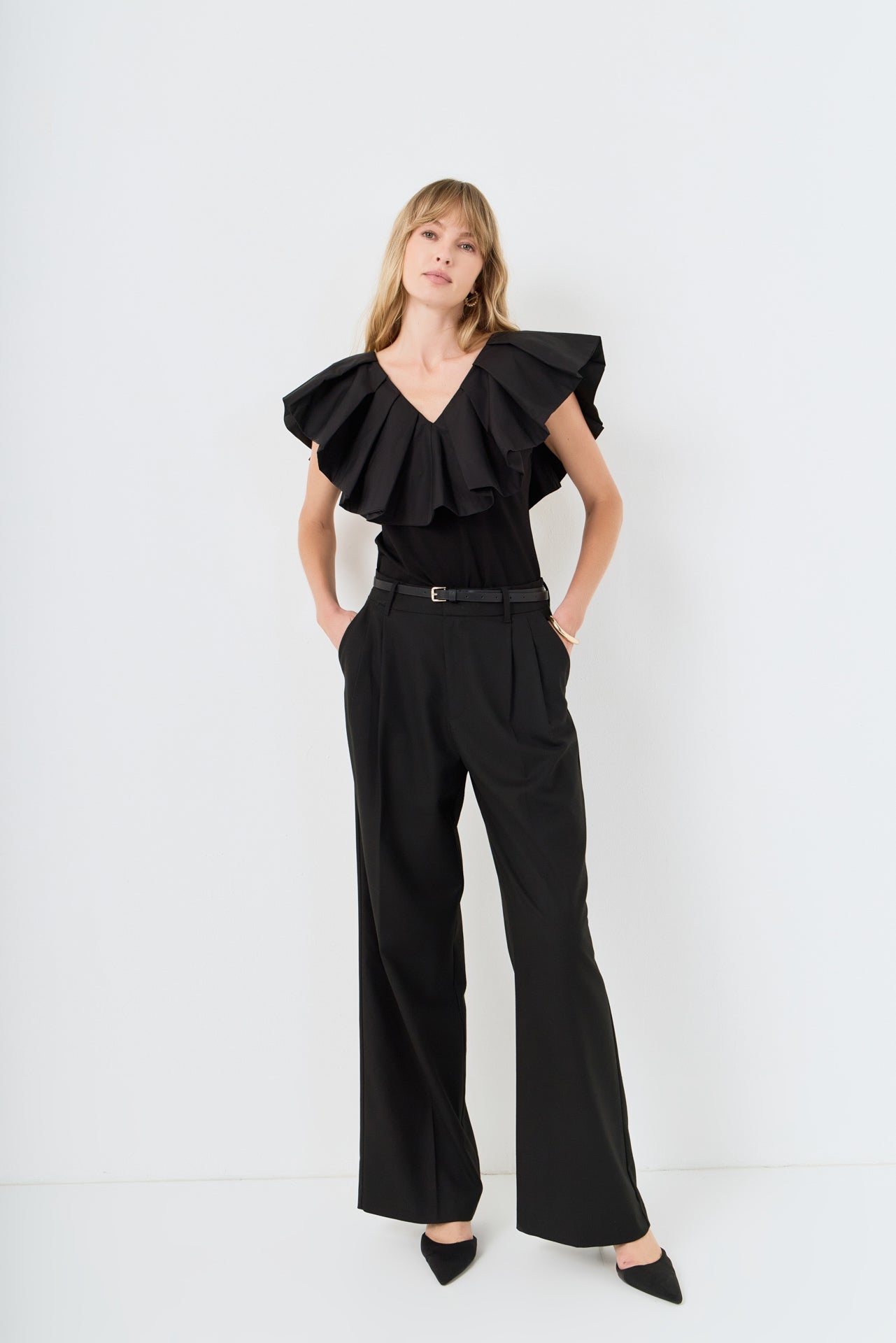 Mix Media Ruffled Sleeveless Top