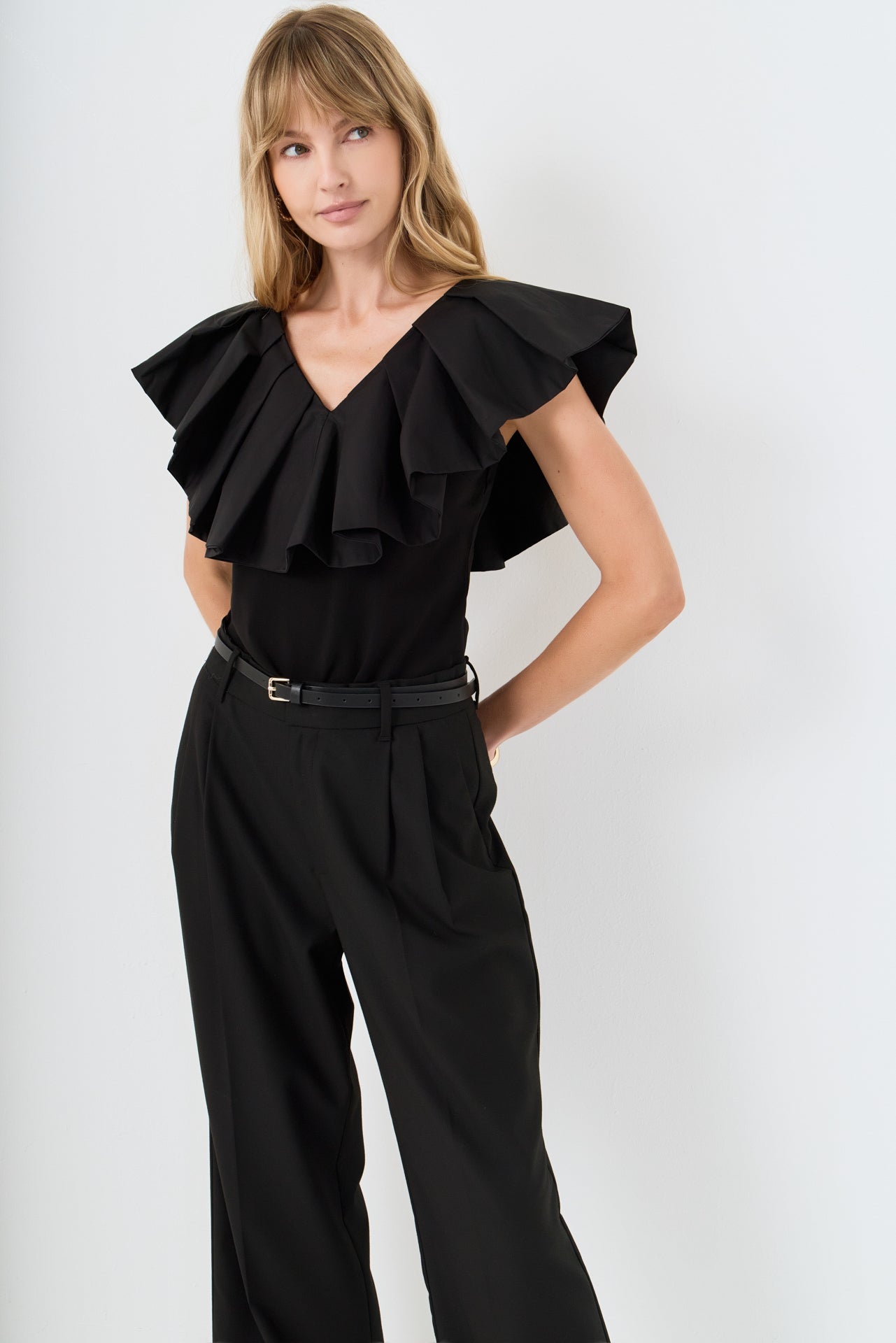 Mix Media Ruffled Sleeveless Top