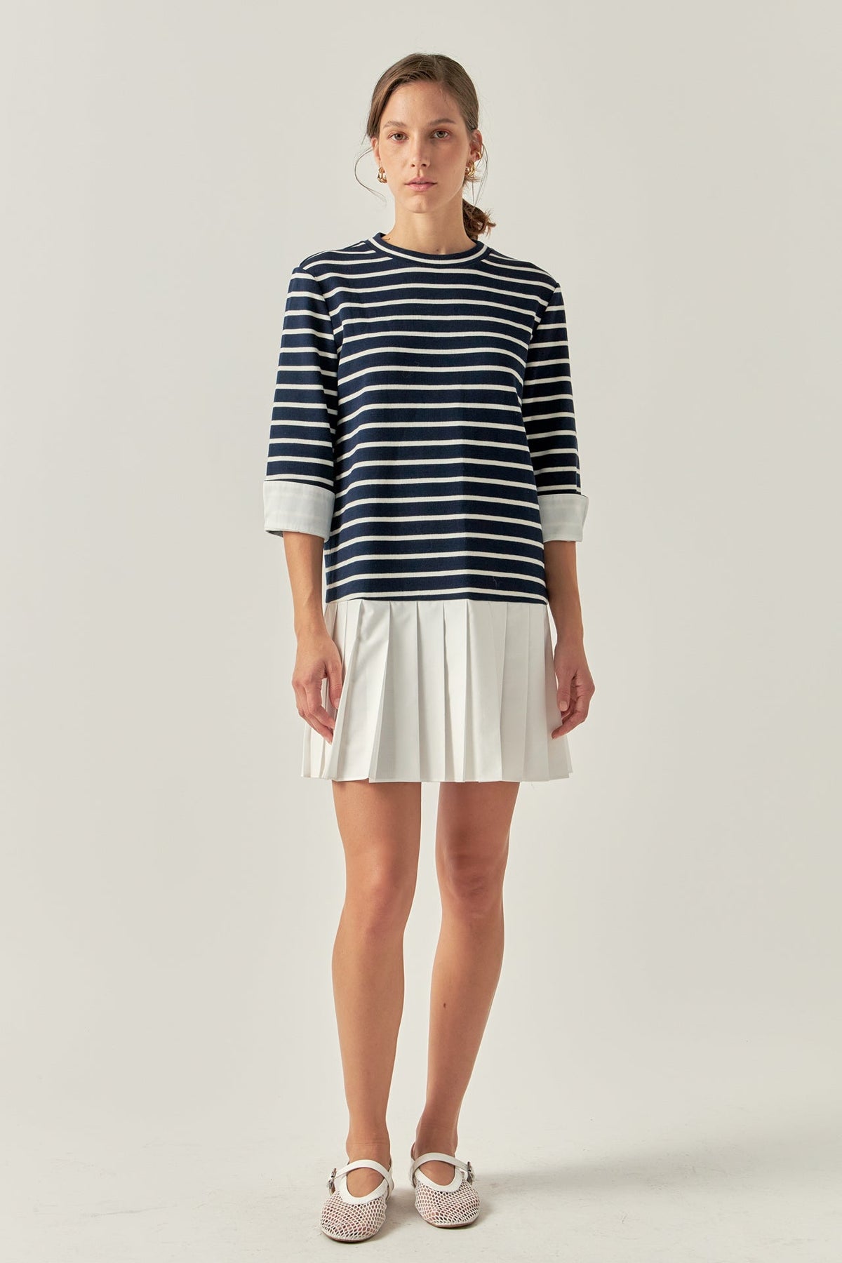 Mix Media Stripe Pleated Mini Dress
