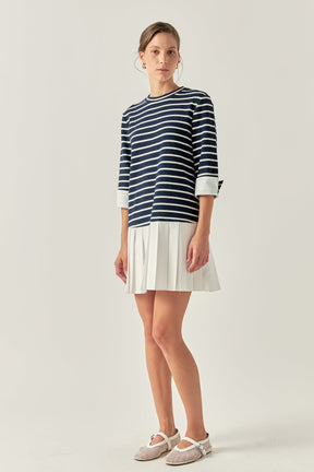 ENGLISH FACTORY - Mix Media Stripe Pleated Mini Dress - DRESSES available at Objectrare
