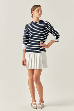 Mix Media Stripe Pleated Mini Dress