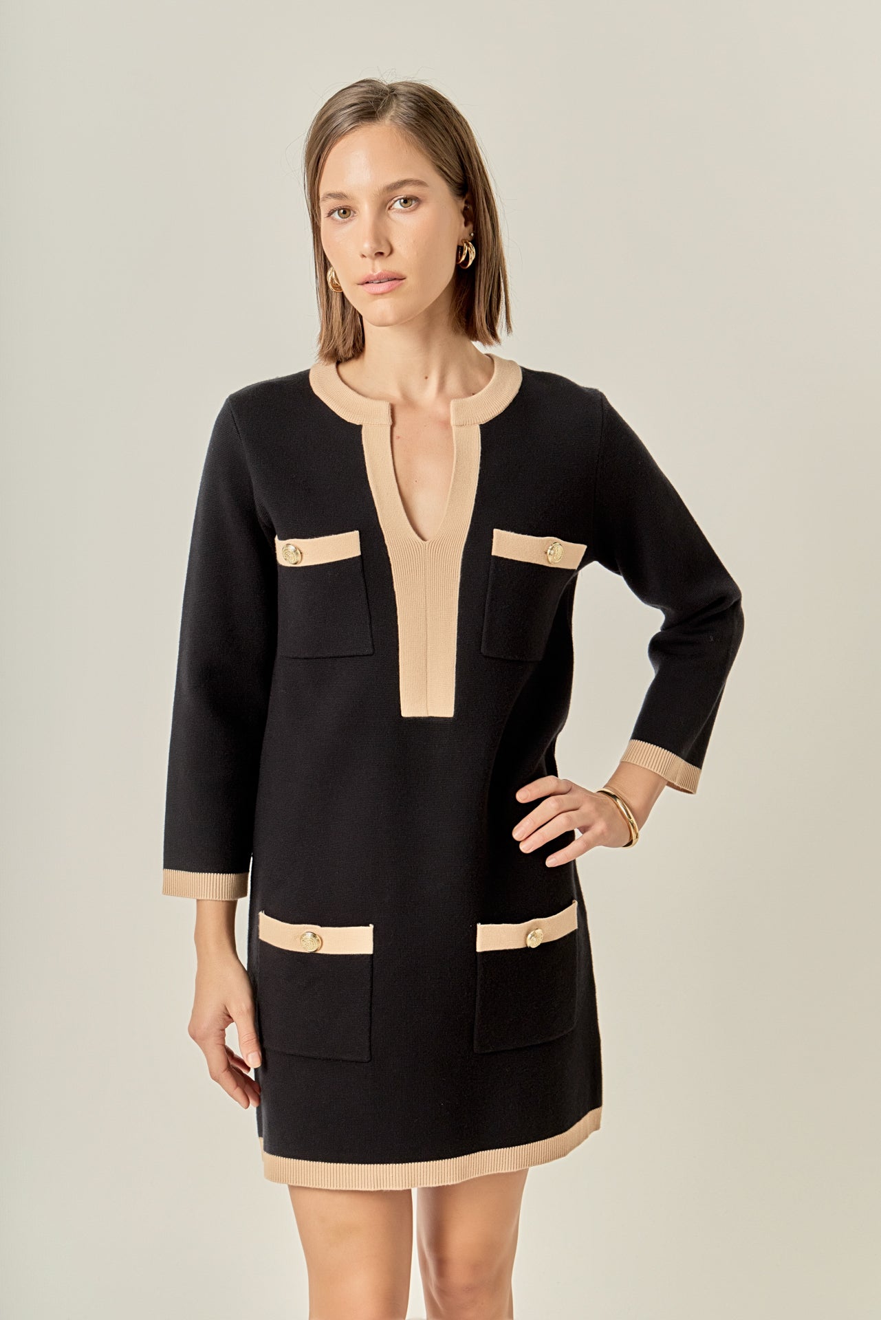 ENGLISH FACTORY - White and Black Mini Knit Dress - DRESSES available at Objectrare