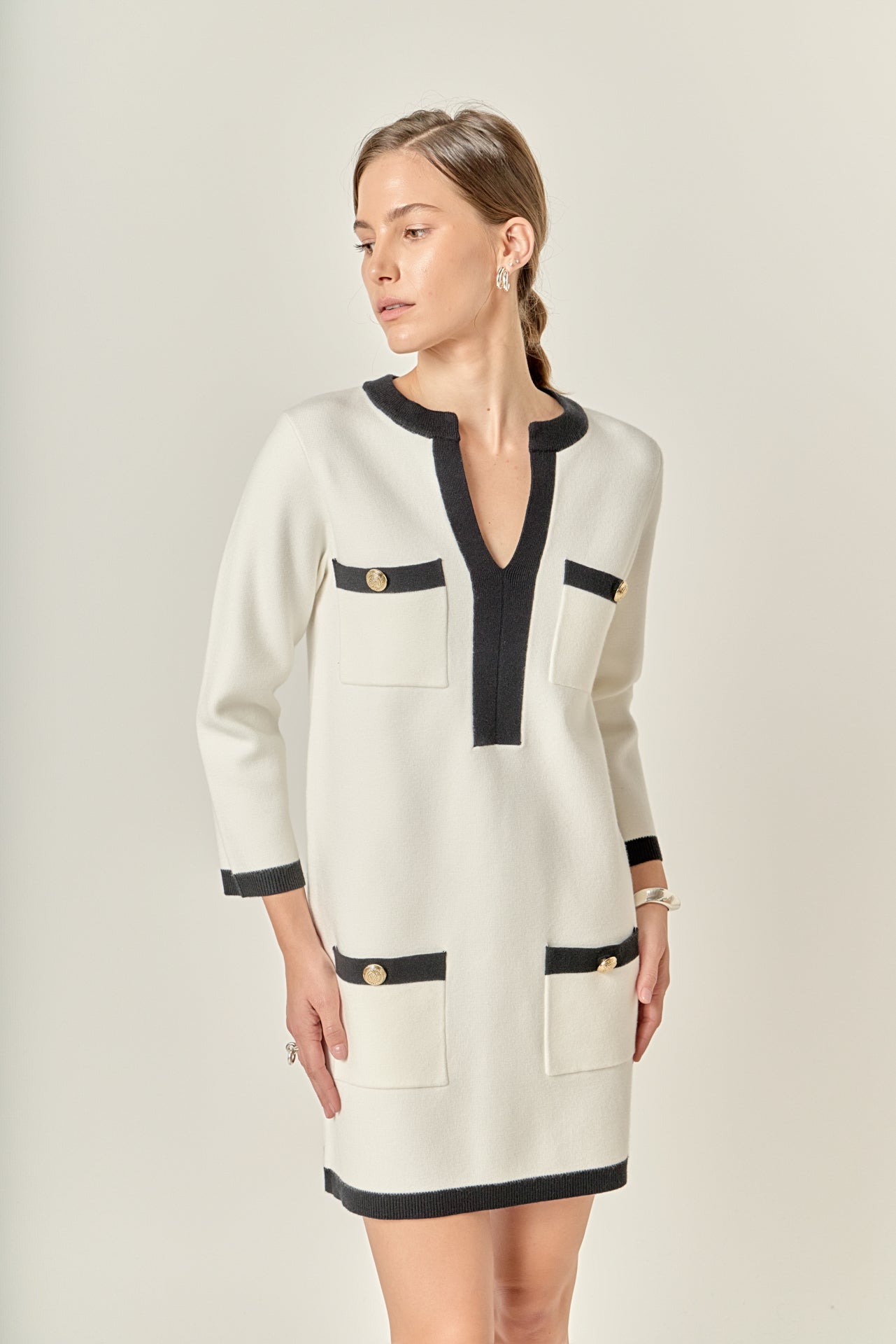 ENGLISH FACTORY - White and Black Mini Knit Dress - DRESSES available at Objectrare