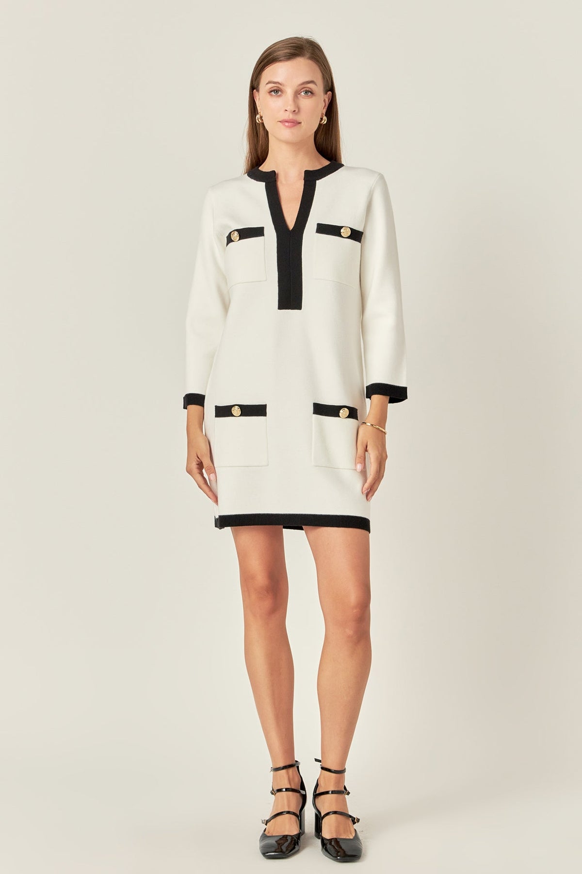 ENGLISH FACTORY - White and Black Mini Knit Dress - DRESSES available at Objectrare