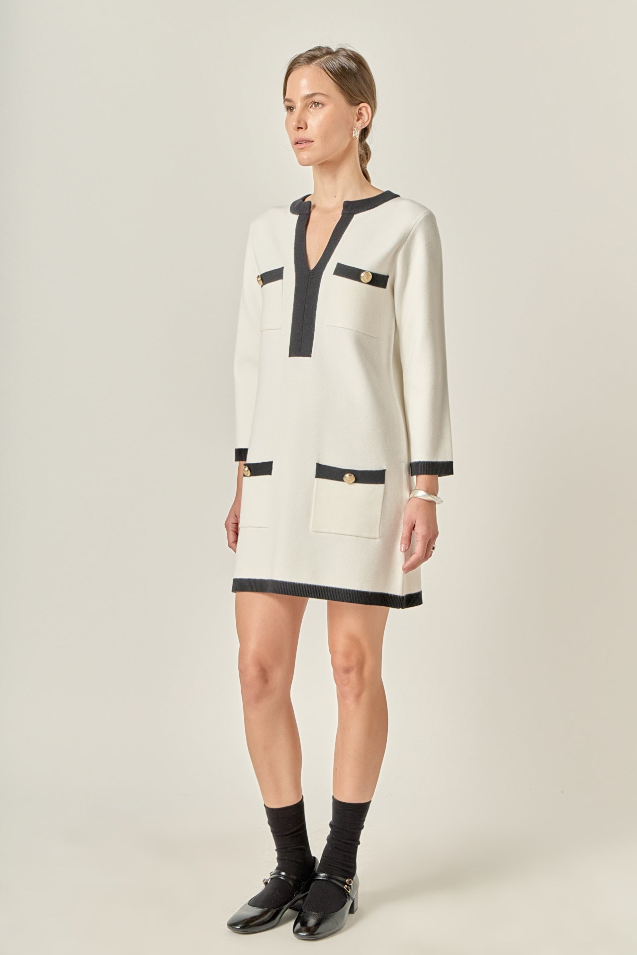 ENGLISH FACTORY - White and Black Mini Knit Dress - DRESSES available at Objectrare