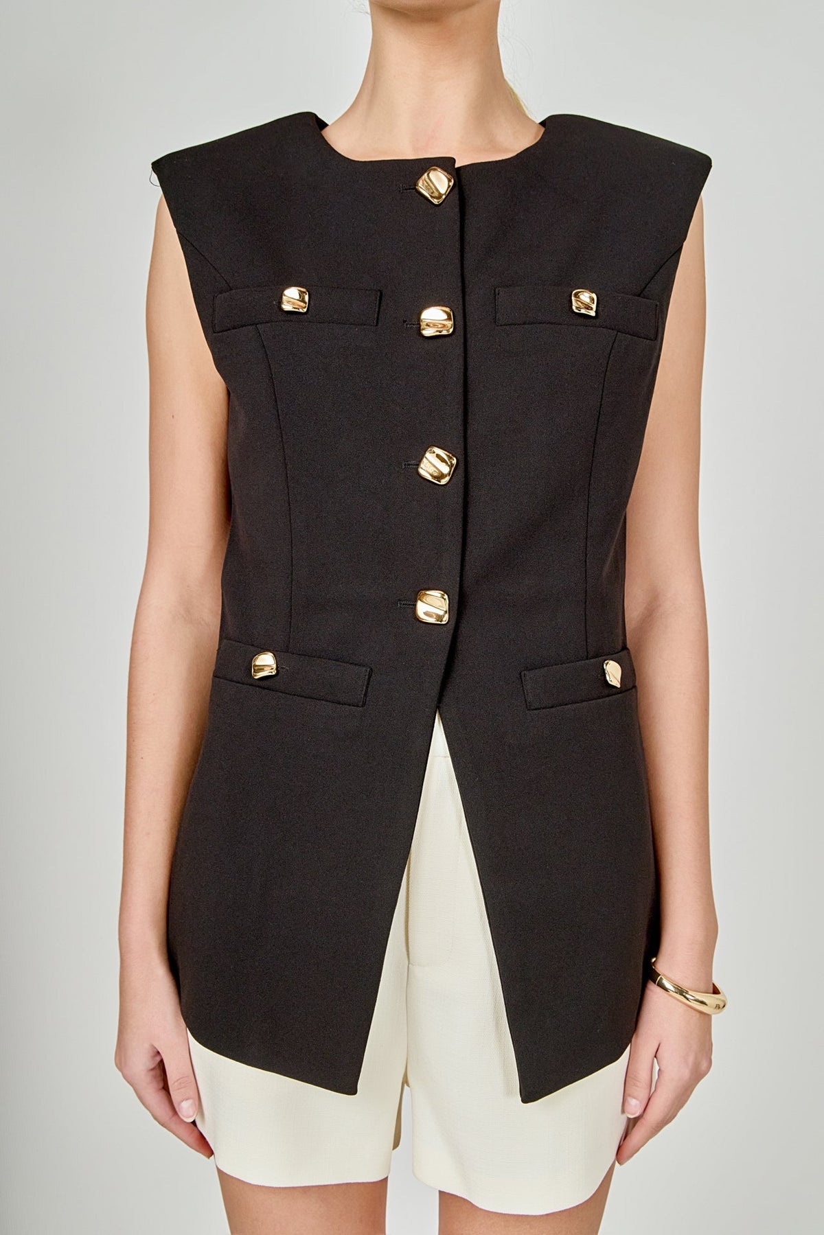 ENDLESS ROSE - Gold Button Detail Long Vest - JACKETS available at Objectrare